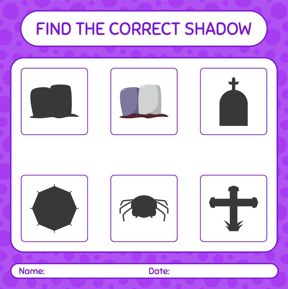 trova il gioco delle ombre corretto con la lapide. foglio di lavoro per bambini in età prescolare, foglio attività per bambini vettore