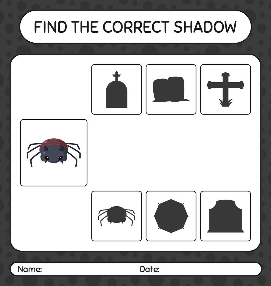 trova il gioco delle ombre corretto con il ragno. foglio di lavoro per bambini in età prescolare, foglio attività per bambini vettore