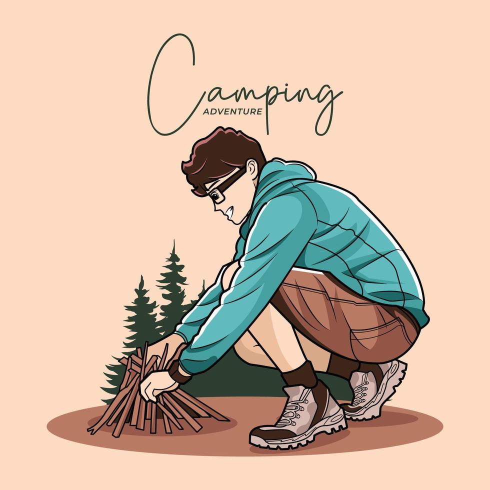 ragazzo che fa fuoco nella foresta durante il download gratuito di illustrazione vettoriale in campeggio