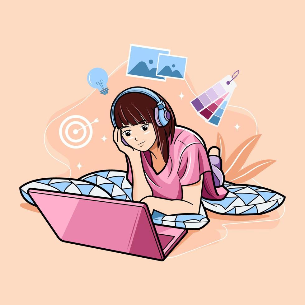 giovane ragazza sdraiata rilassata utilizzando il laptop. download gratuito di illustrazione vettoriale concetto freelance o studio