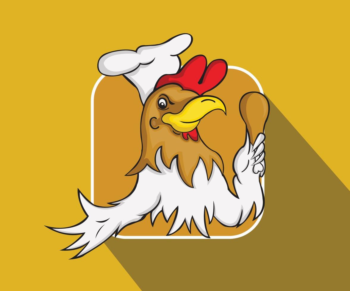 logo o mascotte del personaggio del pollo dei cartoni animati, pollo del cuoco unico del fumetto che tiene una coscia di pollo fritta, illustrazione, logo e vettore