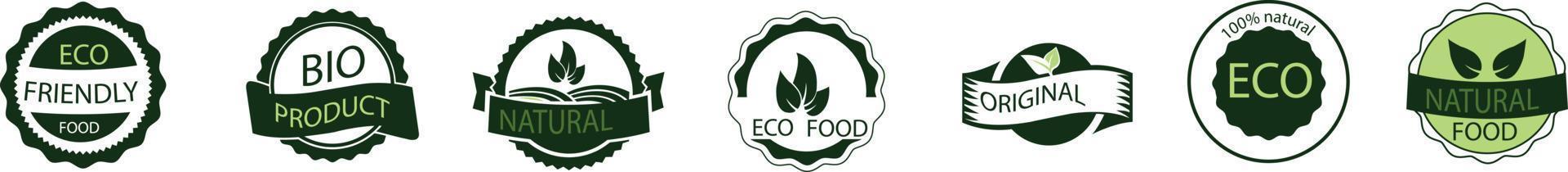 set di etichette bio naturali organiche, badge per alimenti sani, vettore di stock di cibo vegetariano ecologico fresco