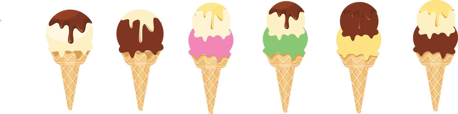 illustrazione vettoriale di coni gelato soft in una varietà di gusti.