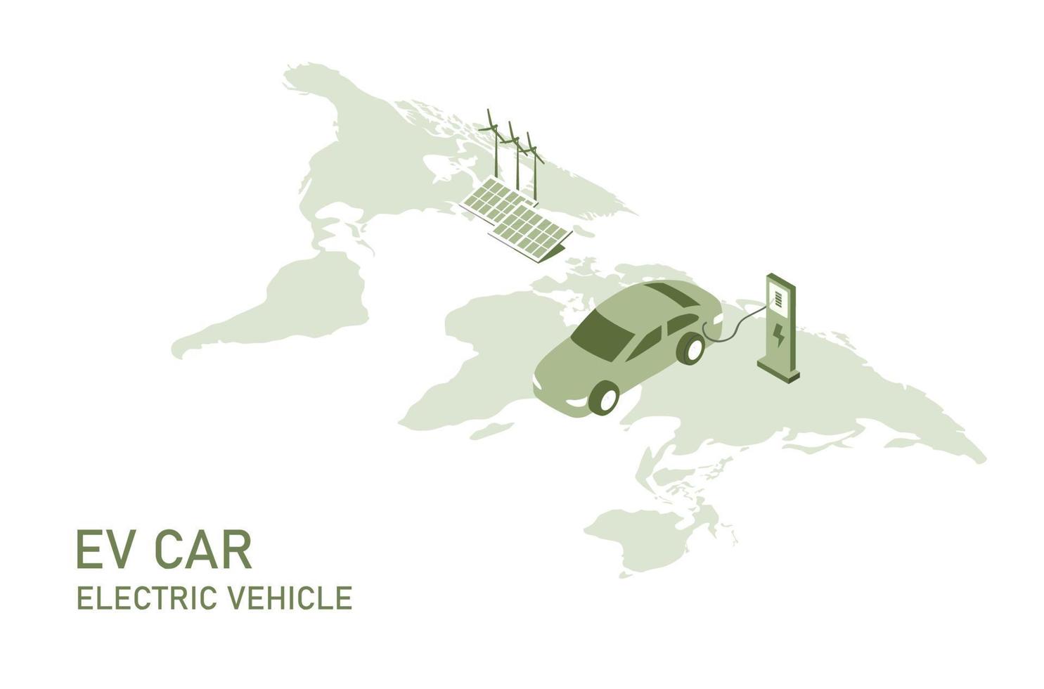 auto elettrica, auto elettrica, ricarica della batteria alla stazione di ricarica elettrica. energia verde sostenibile per l'ecologia ambiente. tecnologia di trasporto futuristica. vettore