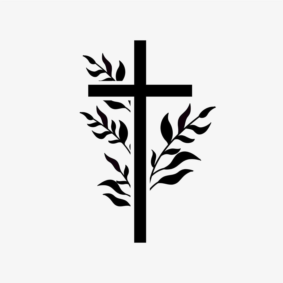 disegno funebre religioso a croce con rami. illustrazione vettoriale in bianco e nero