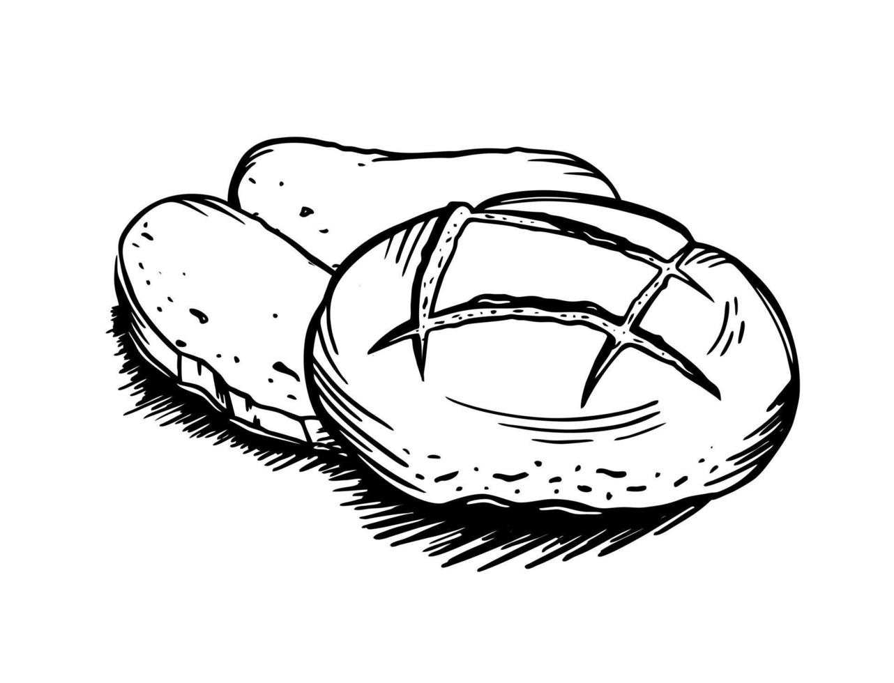 una pagnotta di pane di segale è uno schizzo vettoriale di elementi da forno disegnati a mano di scarabocchi. per menu di bar e prodotti da forno