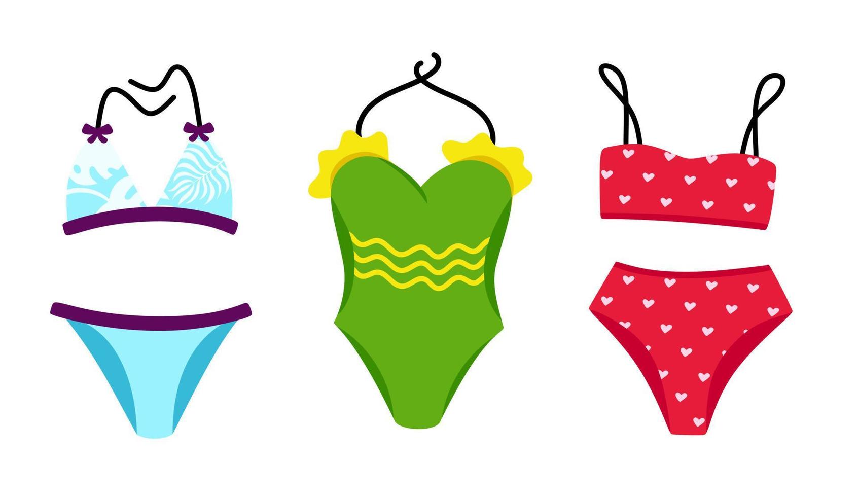 collezione di eleganti costumi da bagno e bikini intimo estate concetto illustrazione vettoriale isolato su sfondo bianco