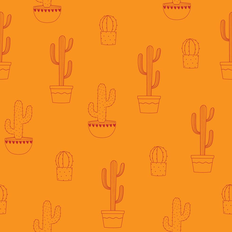 modello senza cuciture di cactus in vaso di fiori. line art piante d'appartamento rosse su sfondo giallo vettore