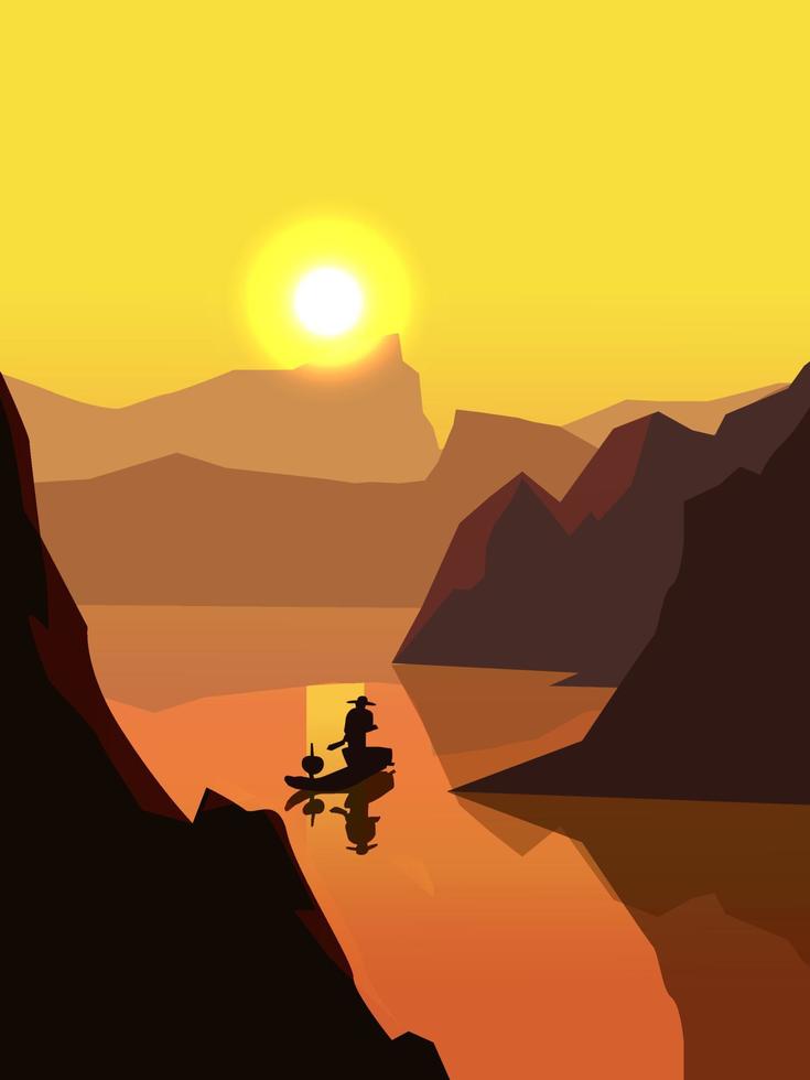 sfondo tramonto sul fiume con colline e barca vettore