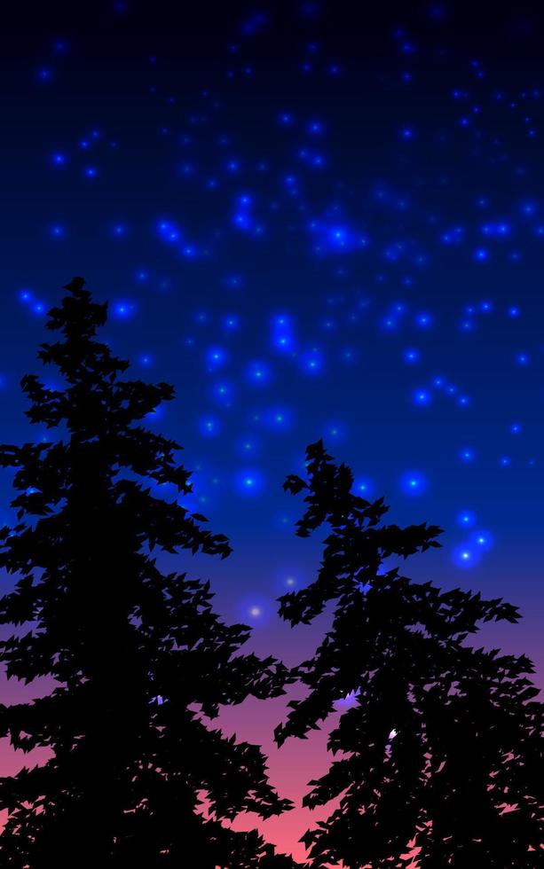 pini in silhouette con cielo stellato vettore