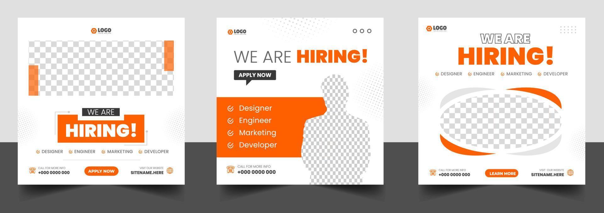 stiamo assumendo un modello di progettazione di banner post sui social media di posti di lavoro con colore arancione. stiamo assumendo un design di banner web quadrato per offerte di lavoro. vettore