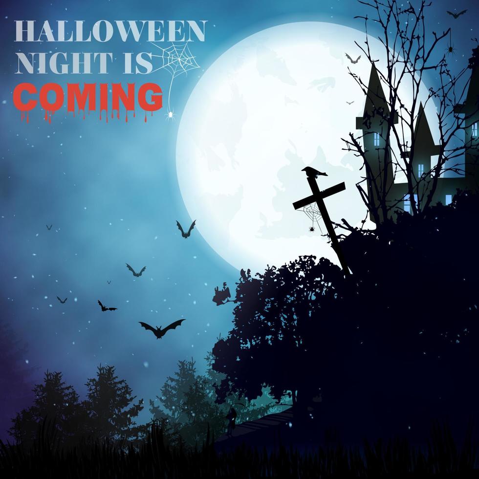 sfondo di halloween con foresta nera, pipistrelli, croce, casa stregata vettore