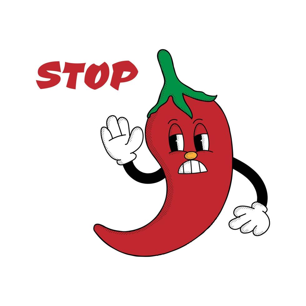 illustrazione del peperoncino rosso nel personaggio dei cartoni animati retrò con segnali stradali, semaforo rosso. segnale di stop vettore