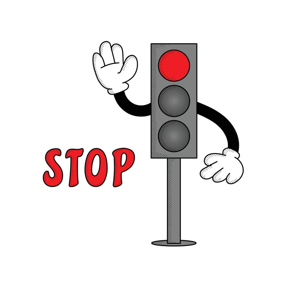 illustrazione del semaforo nel personaggio dei cartoni animati retrò con segnali stradali, semaforo rosso. segnale di stop vettore