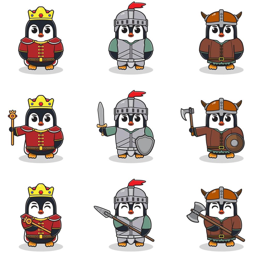 illustrazioni vettoriali di personaggi pinguino in vari abiti medievali.