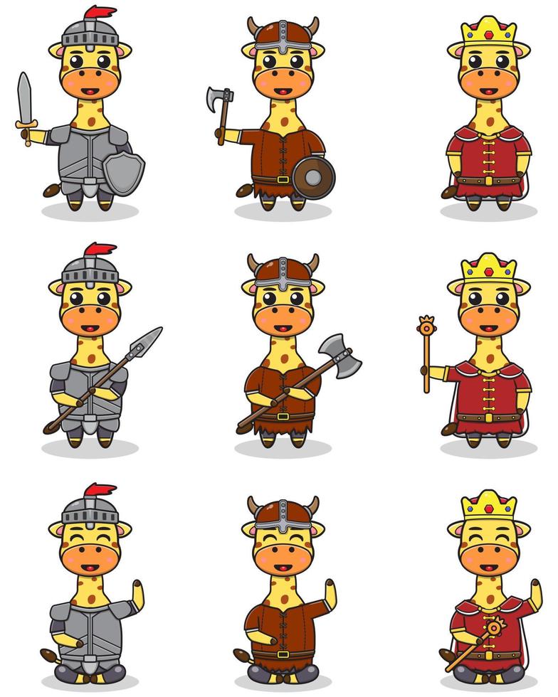 illustrazioni vettoriali di personaggi giraffa in vari abiti medievali.
