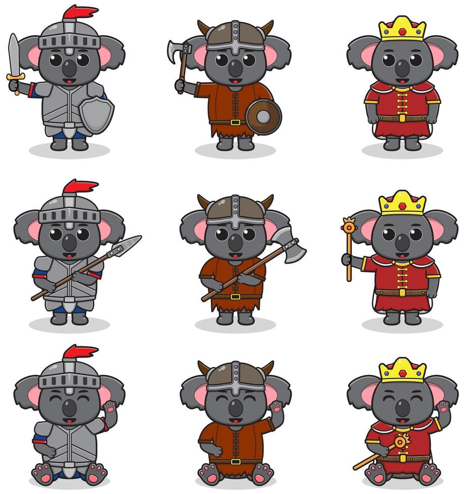 illustrazioni vettoriali di personaggi di koala in vari abiti medievali