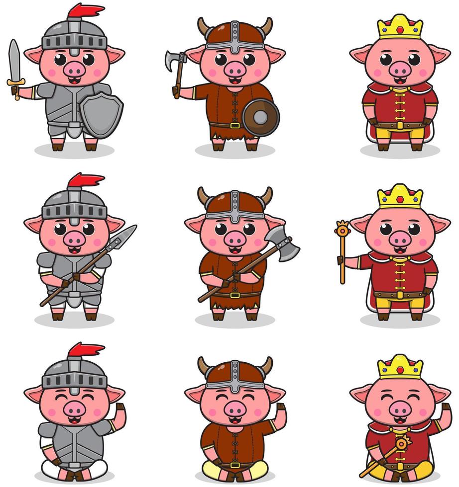 illustrazioni vettoriali di personaggi di maiale in vari abiti medievali.