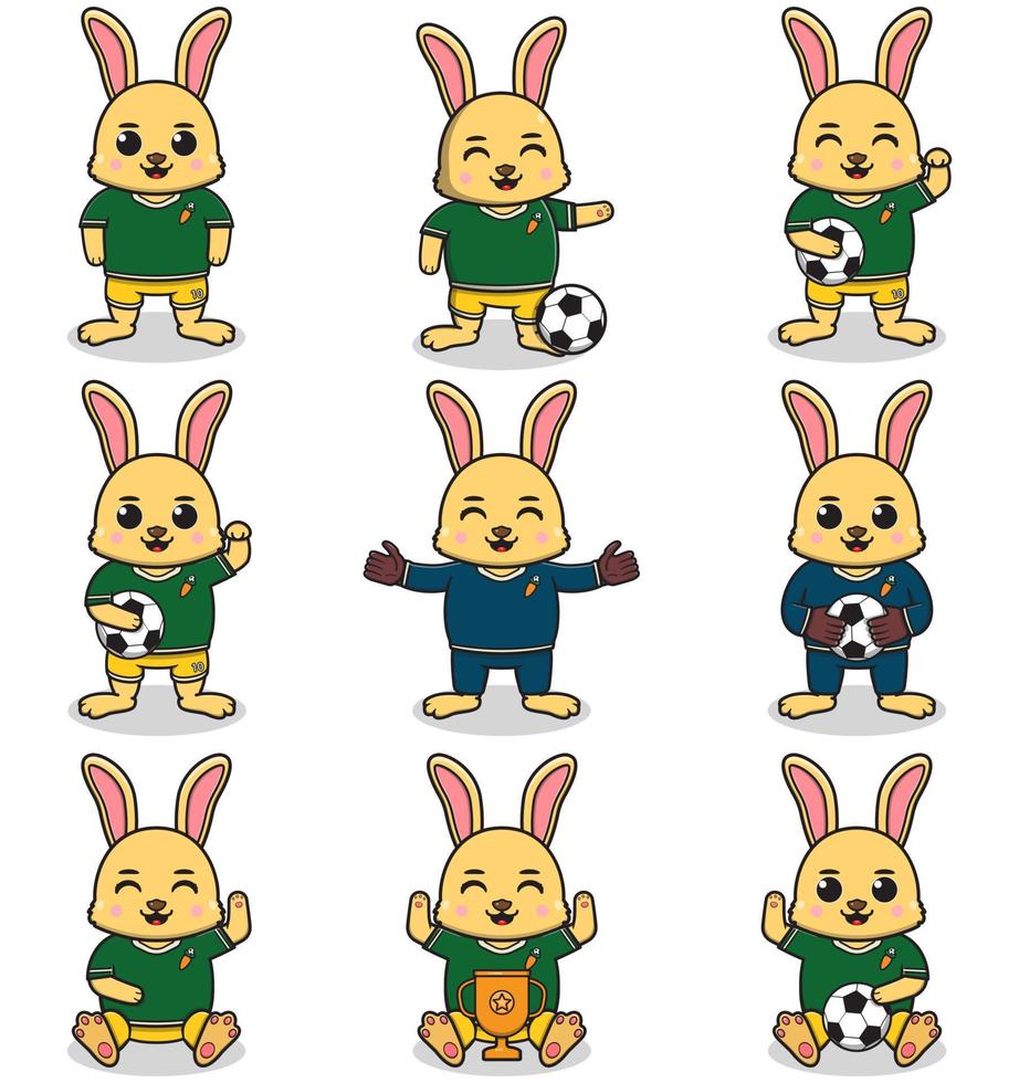 illustrazione vettoriale di personaggi di coniglio che giocano a calcio.