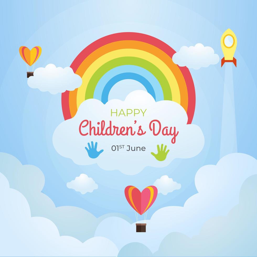 illustrazione della giornata internazionale dei bambini con mongolfiera arcobaleno e nuvole su sfondo blu cielo vettore