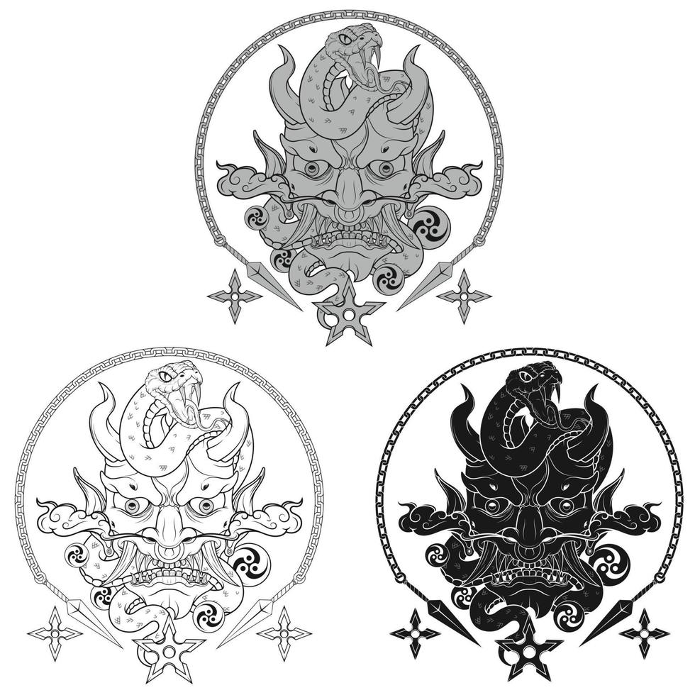 disegno vettoriale demone tradizionale giapponese con serpente, maschera hannya demone giapponese oni con serpenti