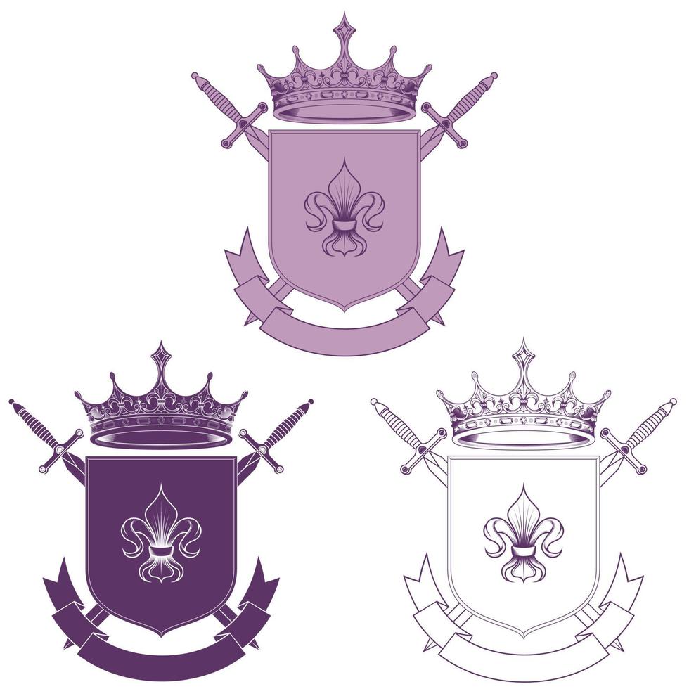 medioevo scudo araldico disegno vettoriale, stemma con fleur de lis simbolo araldico, con corone e spade vettore
