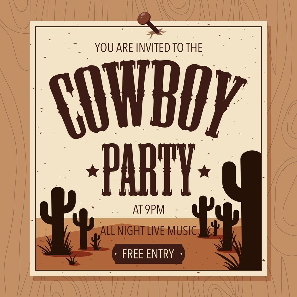 illustrazione vettoriale di festa da cowboy in stile piatto. poster, striscione o invito di una festa da cowboy occidentale inchiodati a una tavola di legno. foglio in stile selvaggio west con l'immagine del deserto e del cactus.