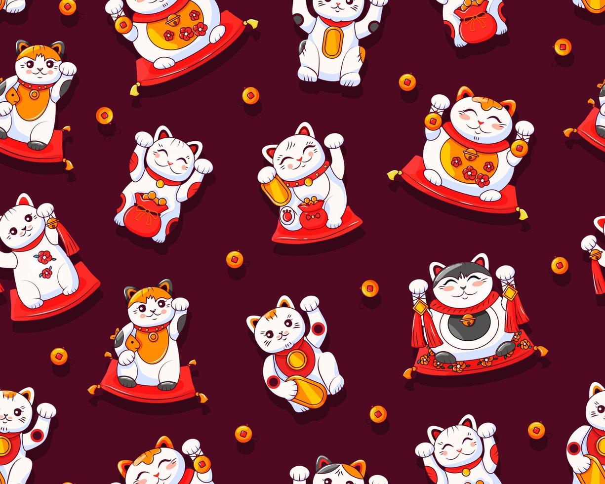 maneki neko gatto giapponese modello senza cuciture. vari simpatici gatti di buona fortuna. simbolo di ricchezza. sfondo del fumetto vettoriale