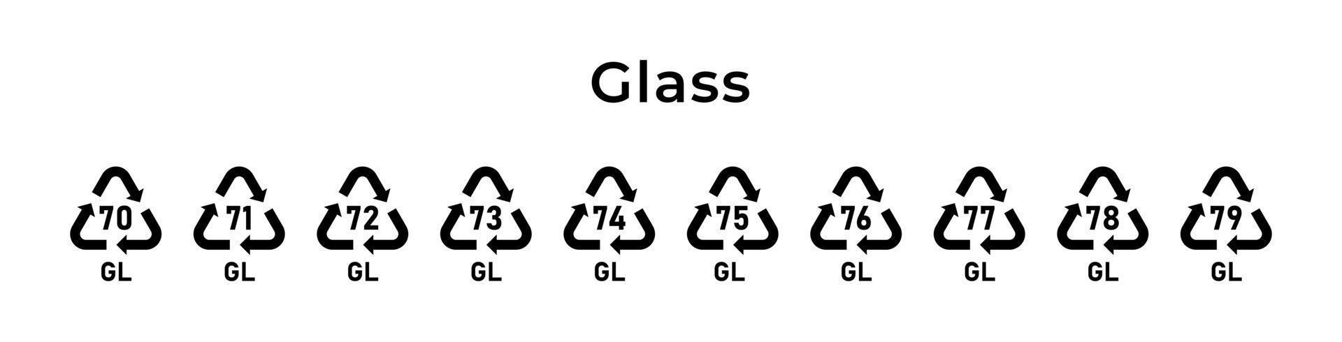 marchio di riciclaggio del vetro. codici di riciclaggio ecologico. zero sprechi. illustrazione vettoriale. set di icone di linea tratto modificabile. vettore