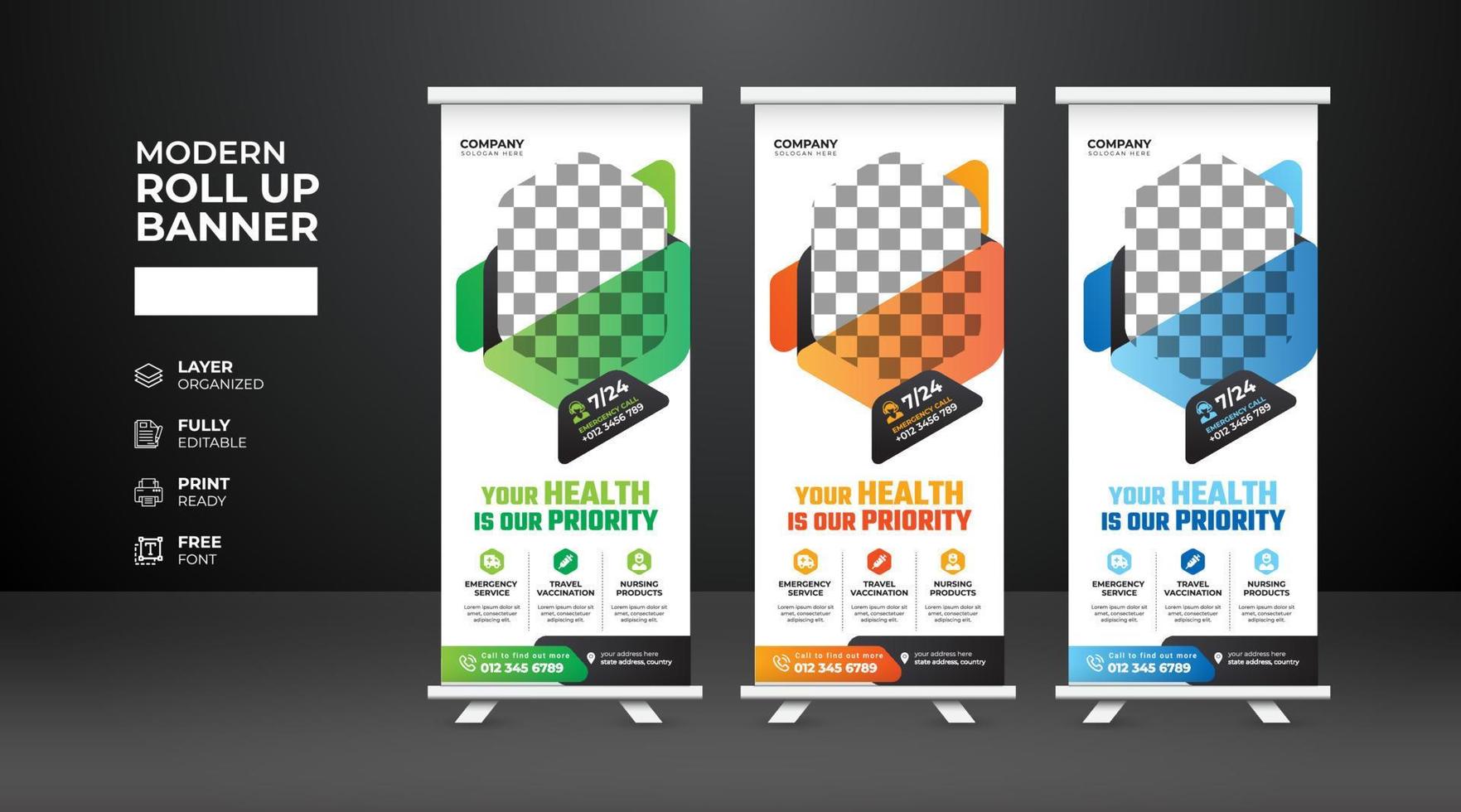 modello di banner roll up medico moderno e creativo vettore