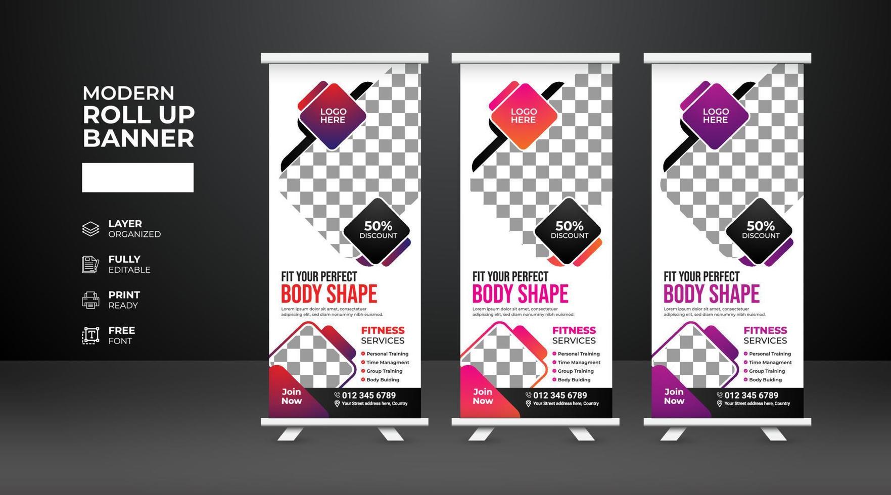 modello di banner roll up fitness palestra moderna e creativa vettore