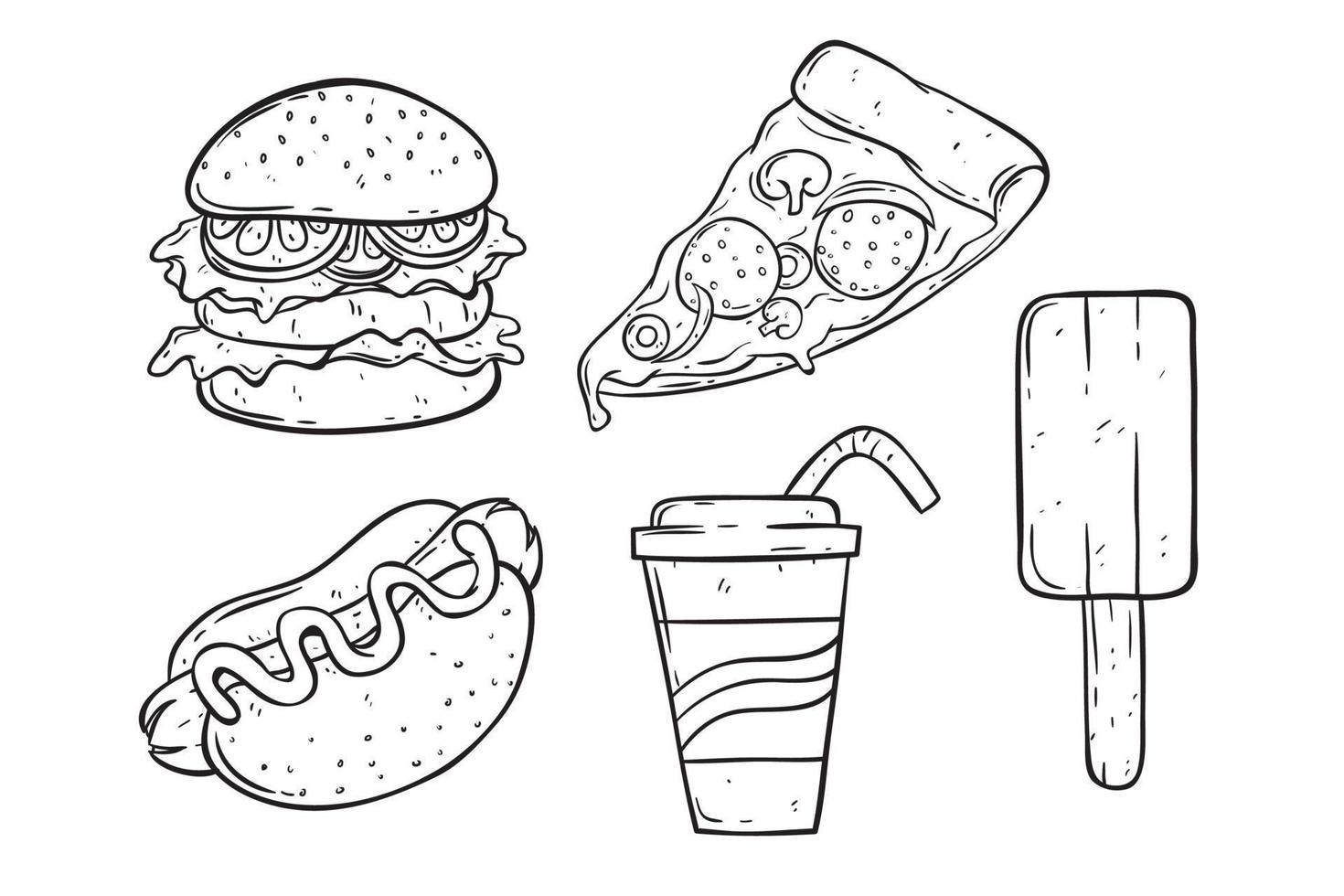 set di gustosi fast food con stile disegnato a mano o schizzo vettore