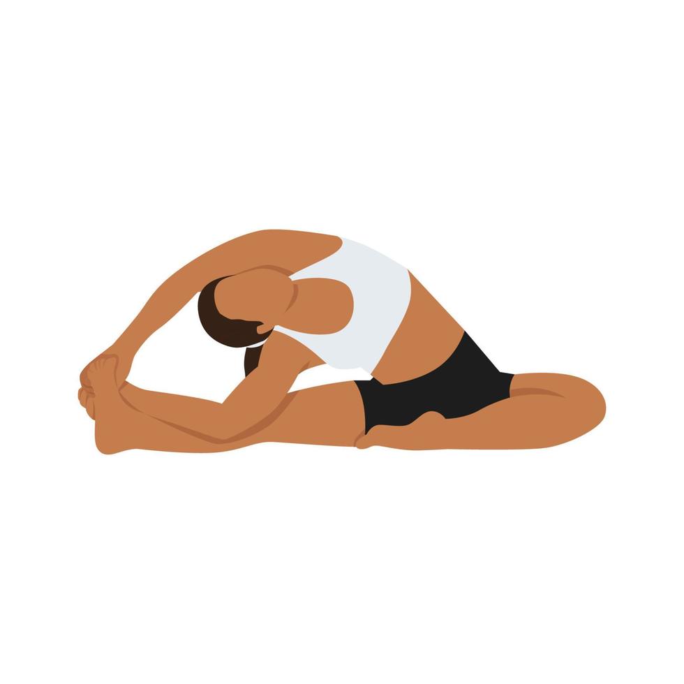 donna che fa ruotato dalla testa al ginocchio posa parivrtta janu sirsasana esercizio. illustrazione vettoriale piatta isolata su sfondo bianco