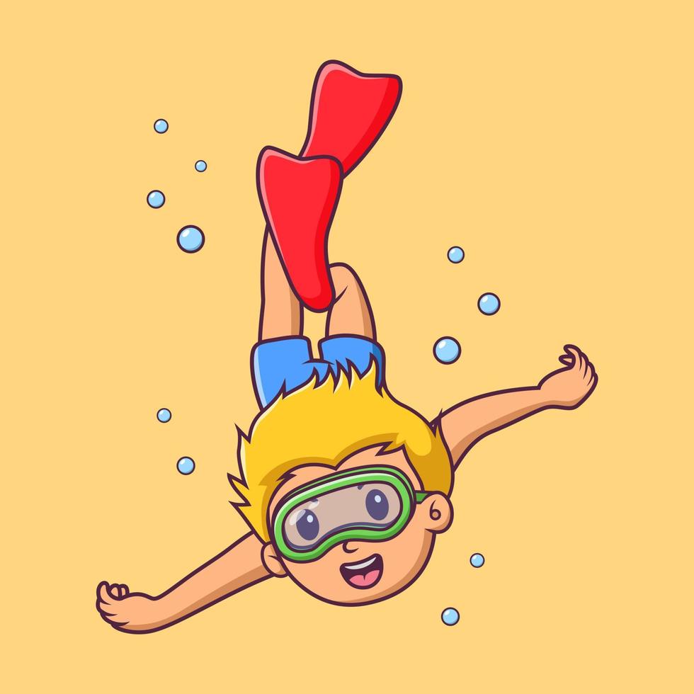 cartone animato ragazzino scuba diver, simpatico cartone animato ragazzo immersioni in estate, fumetto illustrazione vettoriale