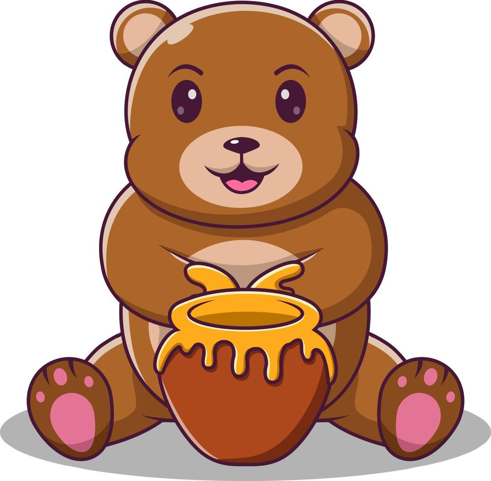 simpatico orsacchiotto mangia miele icona vettore illustrazione, orso e miele icona concetto isolato, vettore cartone animato illustrazione