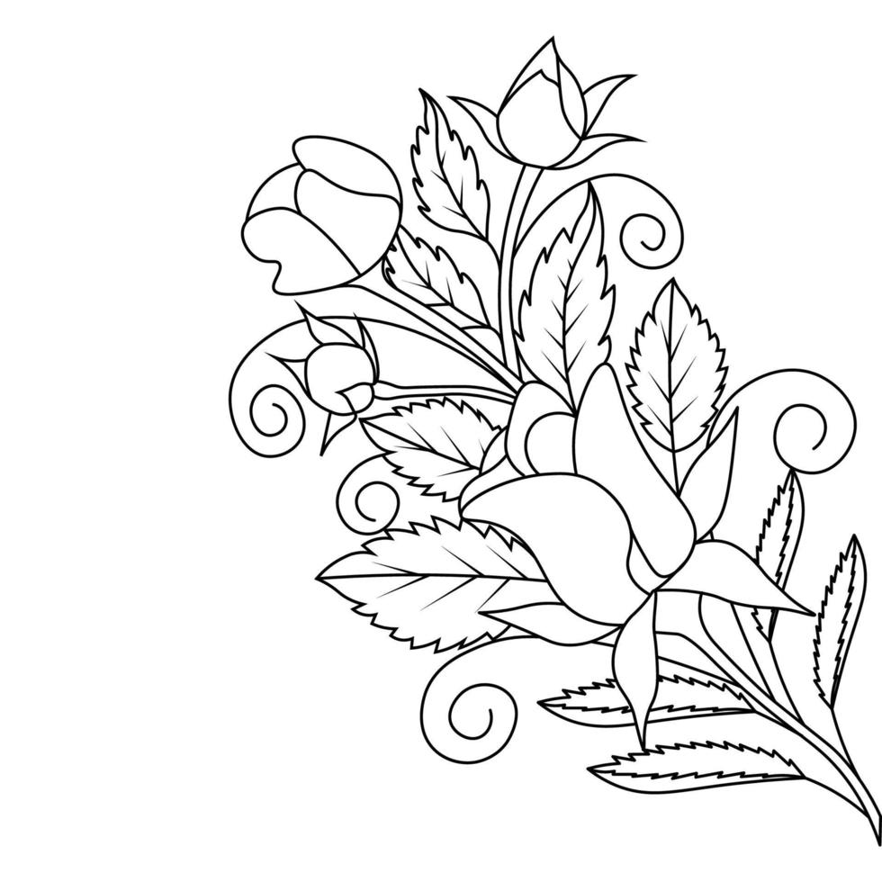 pagina da colorare di fiori di rosa in bianco e nero con grafica vettoriale dettagliata