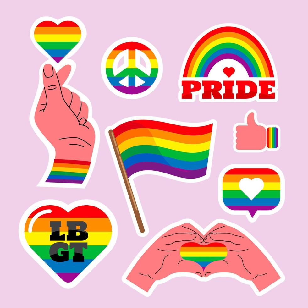 set di adesivi lgbtq orgoglio, mese del gay pride, colori arcobaleno, segni di design piatto isolati vettore