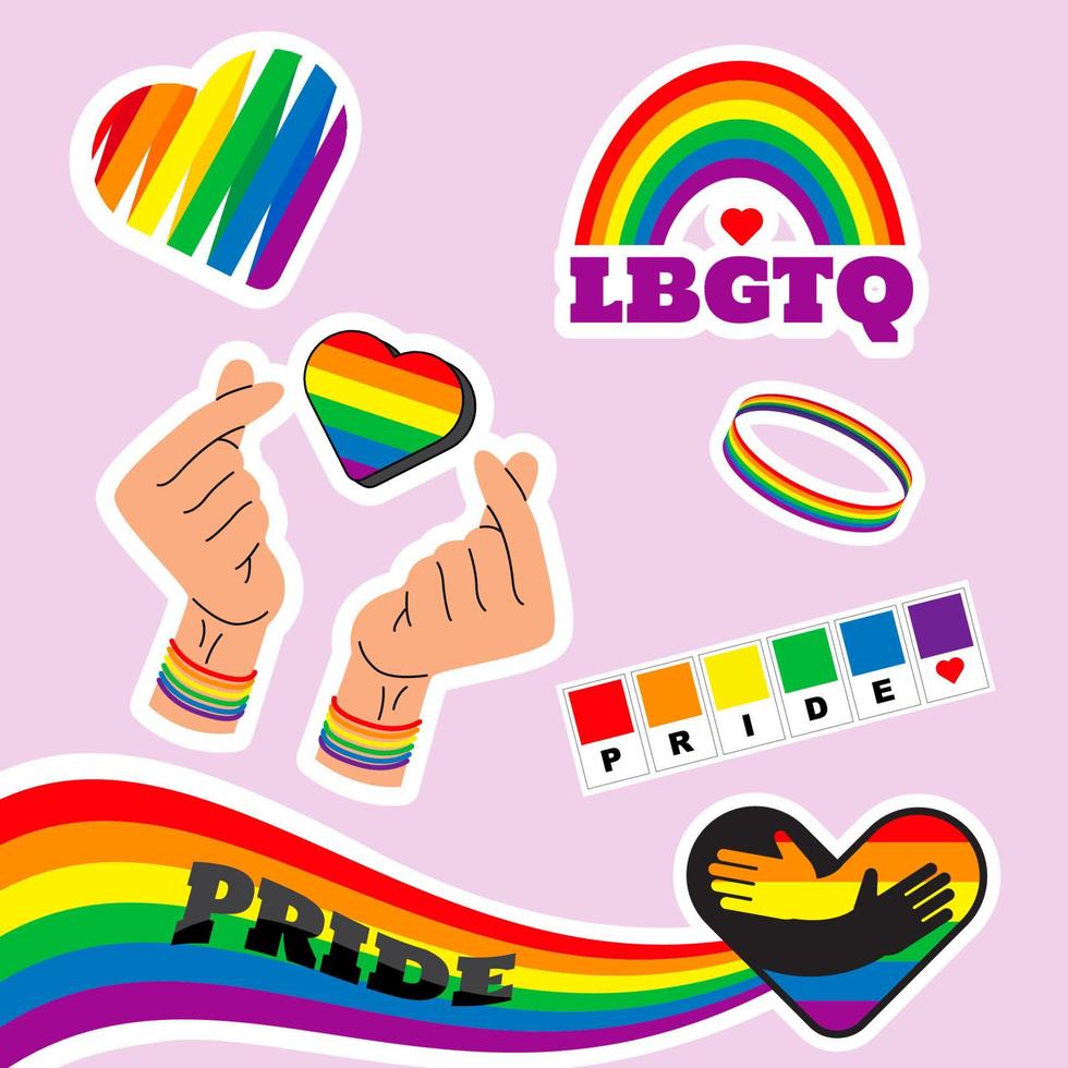 set di adesivi lgbtq di orgoglio, simboli impostati nei colori dell'arcobaleno, bandiera dell'orgoglio, cuore, pace, arcobaleno, amore, simboli di libertà. mese del gay pride. vettore