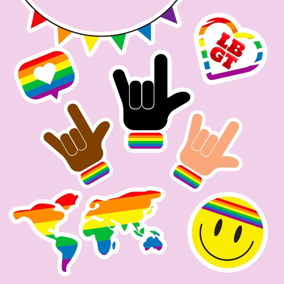 set di adesivi lgbtq dell'orgoglio, simboli impostati nei colori dell'arcobaleno, bandiera dell'orgoglio, cuore, pace, arcobaleno, amore, mese dell'orgoglio gay. vettore