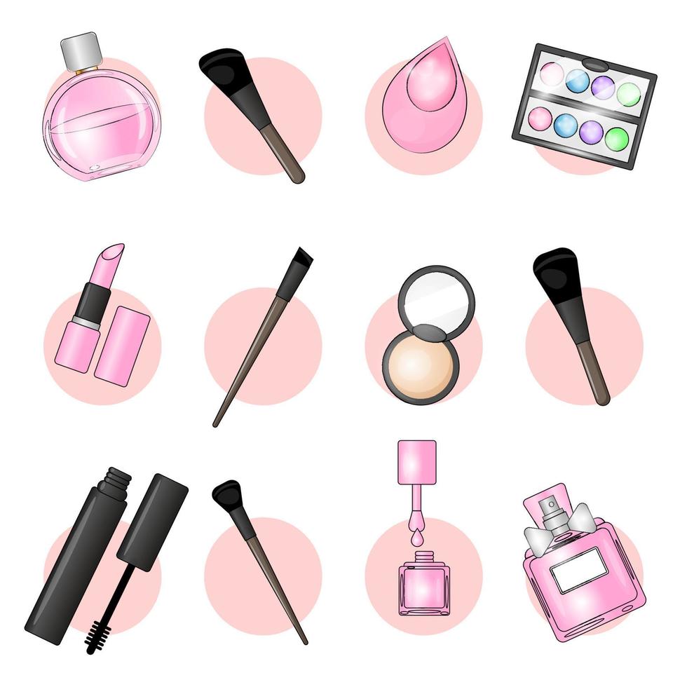 un set di cosmetici decorativi per la bellezza, spazzole per mascara, acqua da toeletta, spugna, smalto per unghie, cipria, ombretto, vettore