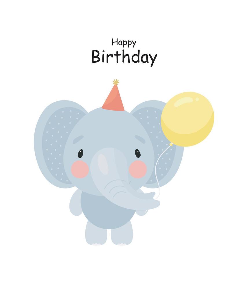 simpatico elefante con palloncino. stile cartone animato. illustrazione vettoriale. per card, poster, striscioni, libri per bambini, stampa sulla confezione, stampa su vestiti, tessuto, carta da parati, tessuti o stoviglie. vettore