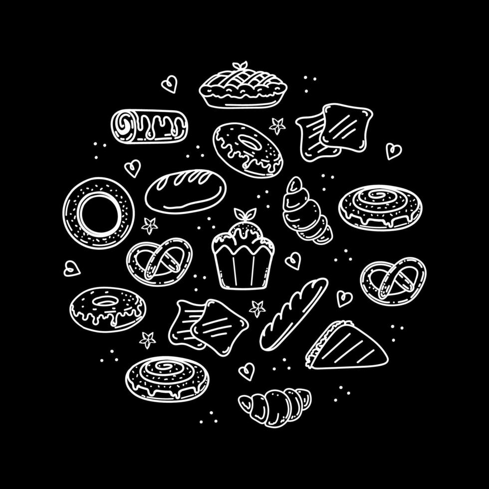 una collezione di prodotti da forno e dolciumi, elementi doodle disegnati a mano in stile schizzo. diversi tipi di pane, croissant, baguette, focaccine, muffin, muffin. illustrazioni carine vettoriali su nero