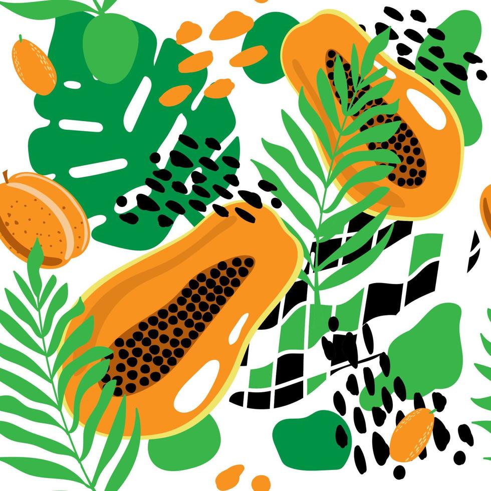 modello senza cuciture di foglie e frutti tropicali, illustrazione vettoriale estate in stile cartone animato. papaia, pesche, cumquat e foglie tropicali. modello estivo luminoso