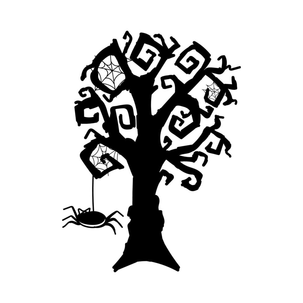 un albero con rami contorti per halloween, disegnato in stile doodle. albero carino con ragnatele e un ragno. elemento vettoriale per halloween