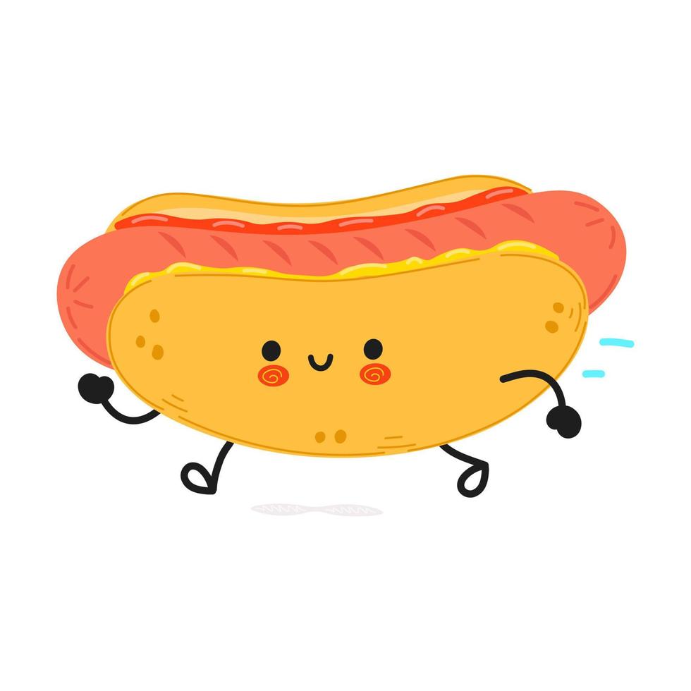 simpatico hot dog in esecuzione divertente. icona dell'illustrazione del carattere kawaii del fumetto disegnato a mano di vettore. isolato su sfondo bianco. eseguire il concetto di hot dog vettore