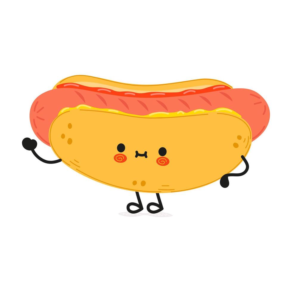 simpatico e divertente hotdog agitando il personaggio della mano. icona dell'illustrazione del carattere kawaii del fumetto disegnato a mano di vettore. isolato su sfondo bianco. concetto di carattere hot dog vettore