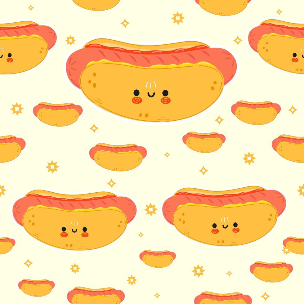 simpatico personaggio divertente modello hotdog. icona dell'illustrazione del carattere kawaii del fumetto disegnato a mano di vettore. isolato su sfondo bianco. concetto di carattere hot dog vettore