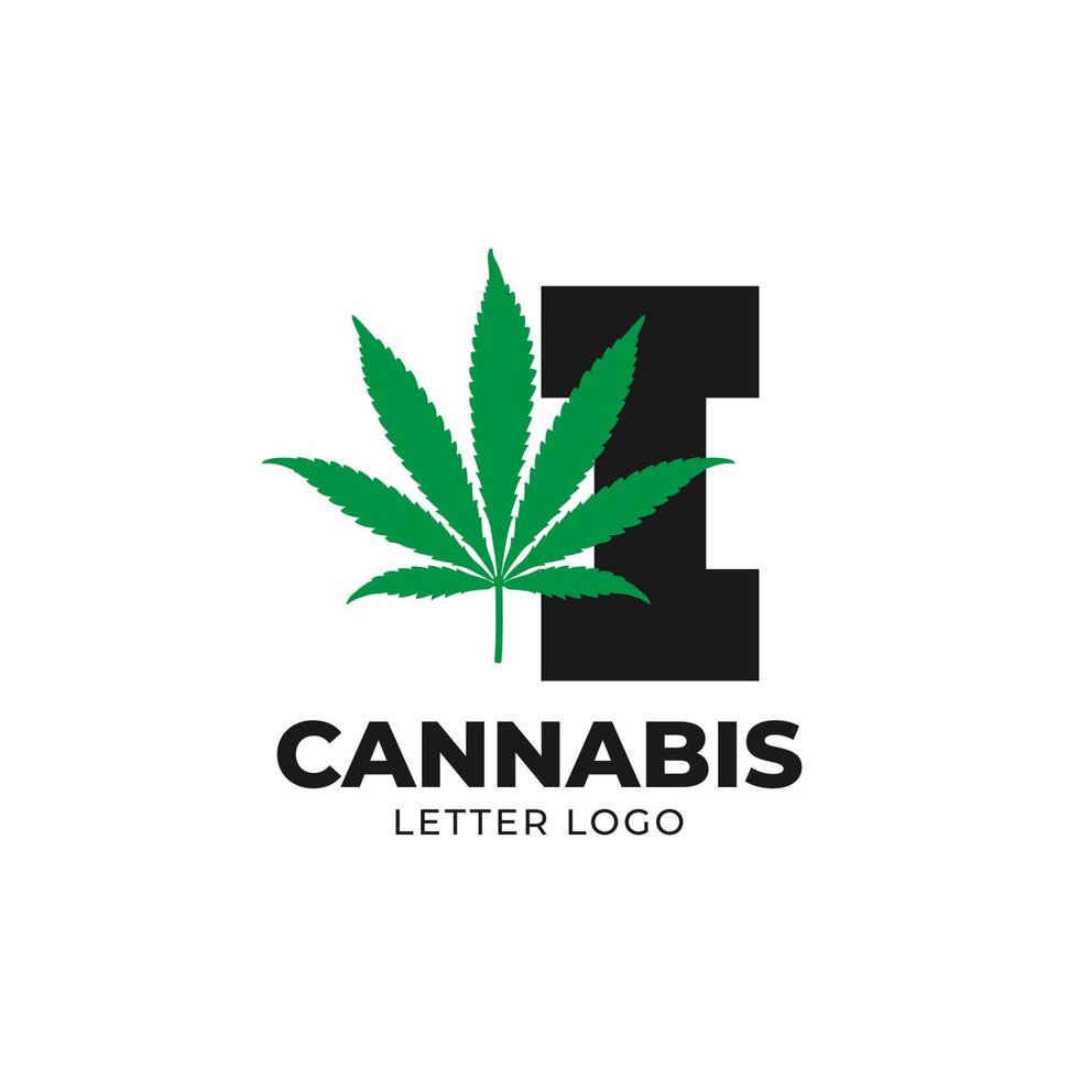 lettera i con elemento di design del logo vettoriale foglia di cannabis