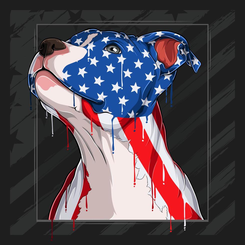 testa di cane pitbull con motivo bandiera usa per il 4 luglio, festa dell'indipendenza americana e festa dei veterani vettore
