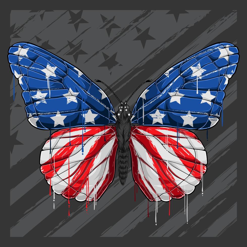 bellissima farfalla con motivo bandiera usa per il 4 luglio giorno dell'indipendenza americana e festa dei veterani vettore